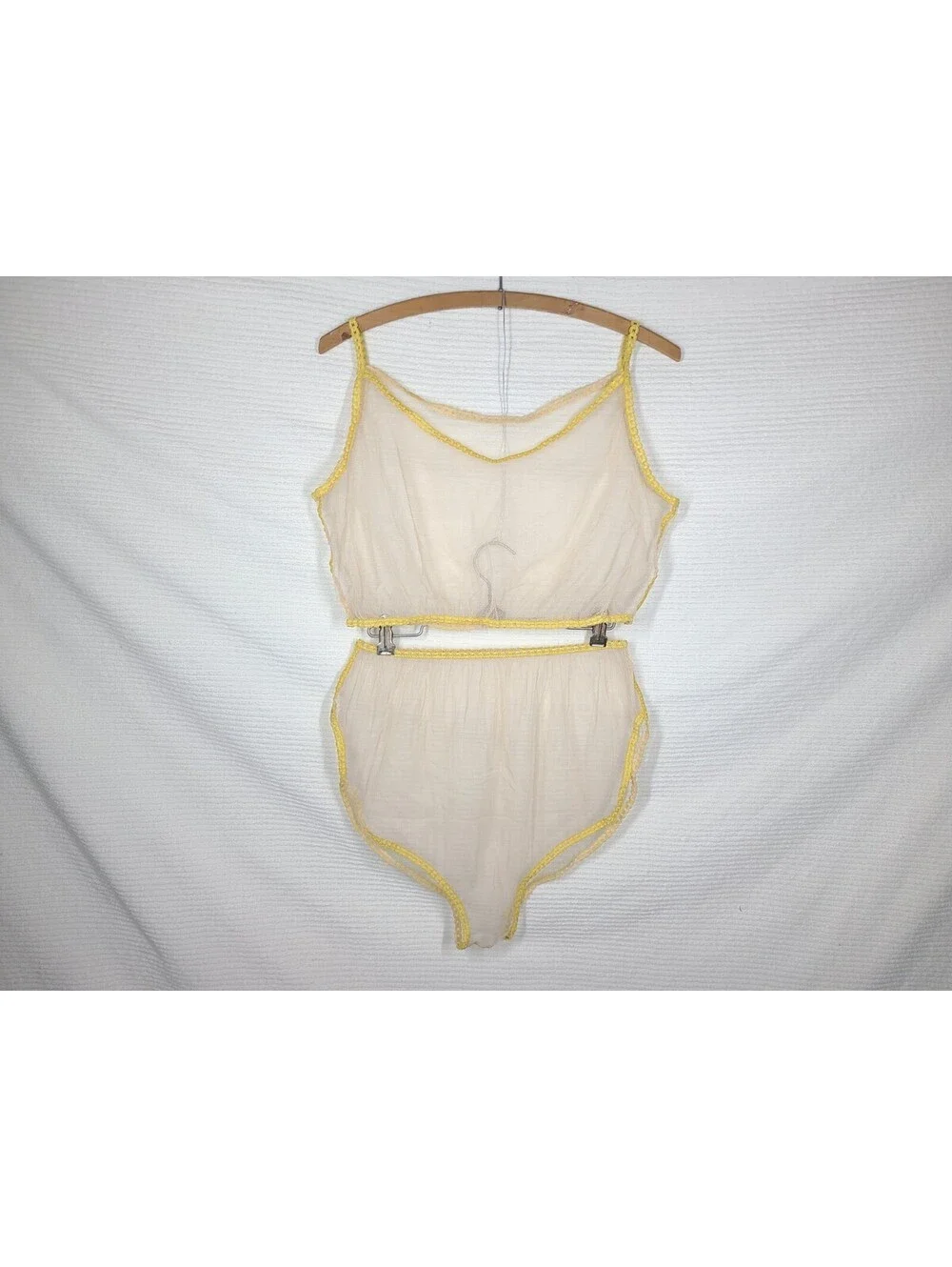 Vtg Sheer Mesh Lingerie Set L Nylon Net Ivory Cream See Thru NOS Chain Straps